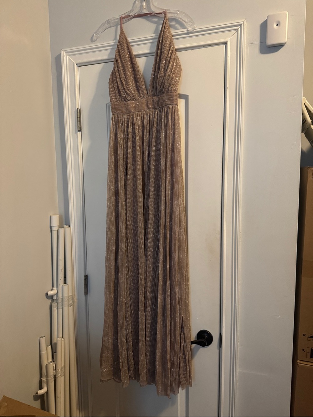 Gold Shimmery V-Neck Maxi Dress with Spaghetti Straps